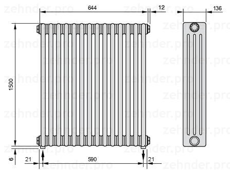Схема (чертеж) Радиатор Zehnder Charleston 4150/14 №5310 Белый глянцевый RAL 9016